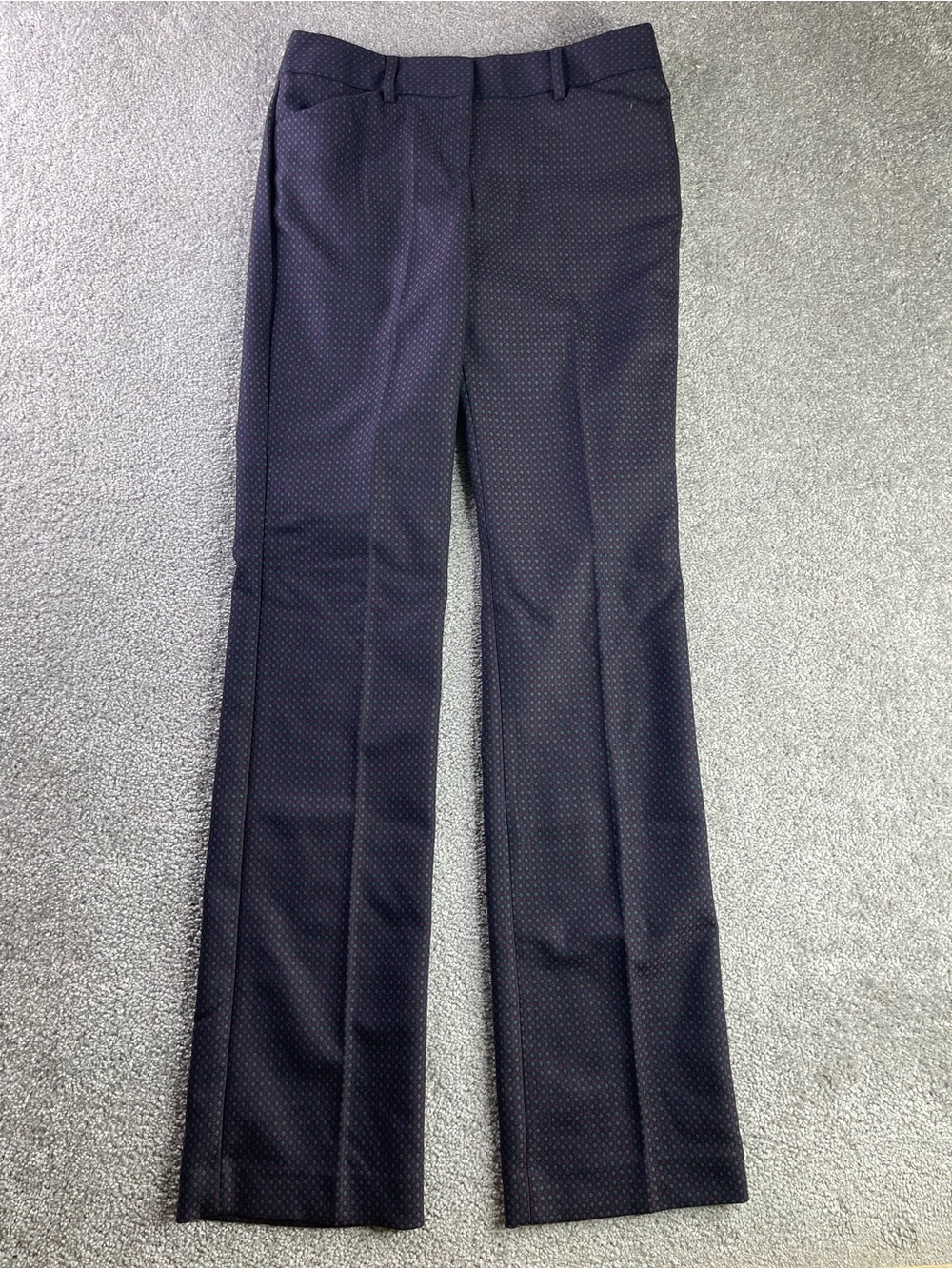 Express Editor Barely Boot Pants Women’s 2 Long Navy Geometric Print Dress Pants